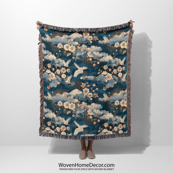 Japanese style woven blanket held by woman, featuring calming colors and Zen-inspired design.