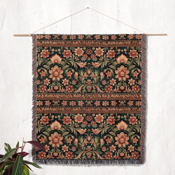 Indian style woven blanket hanging on wall as tapestry, showcasing vibrant traditional patterns and bold colors.