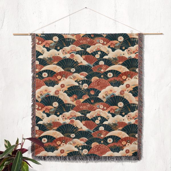 Japanese style woven blanket hanging as wall tapestry, highlighting fan design and fine craftsmanship.