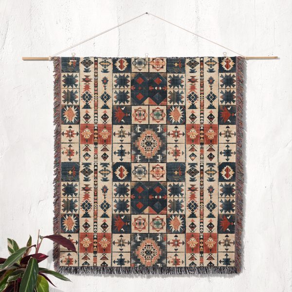 tribal_sunset_woven_blanket_onthewall