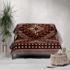 A tribal-patterned woven blanket draped over a sofa in a warm interior setting.