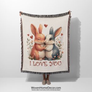 An Adorable Bunny Love woven blanket, held up by an unseen person