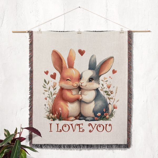 The Adorable Bunny Love blanket displayed on a wall as a tapestry