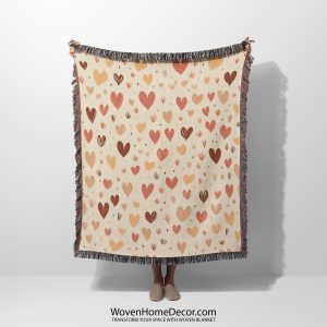 A woman holds the Enchanted Hearts Woven Blanket, highlighting its delicate heart patterns in warm tones.