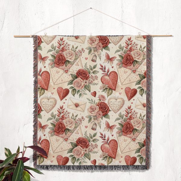 The Romantic Floral and Heart Motif blanket displayed as a tapestry on a wall